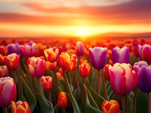 Sonnenuntergang Tulpe Malen Nach Zahlen, DIY Set Erwachsene Malen Nach Zahlen , auf Leinwand Acrylmalerei Nach Zahlen mit 3 Pinsel und Acrylfarben Basteln Mädchen Geschenk 30x40cm (Rahmenlos) I-9611