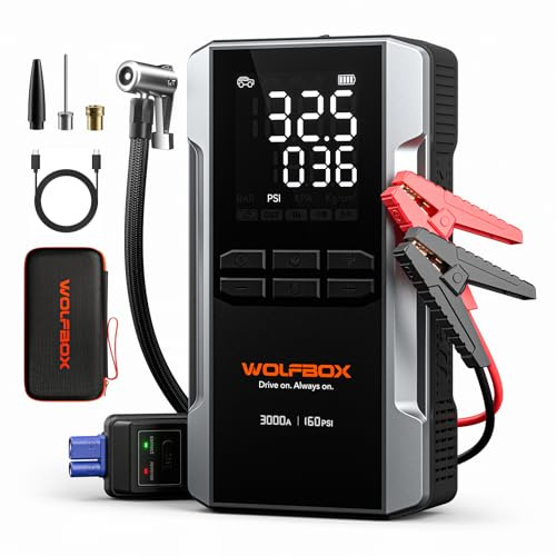 WOLFBOX 3000A Jump Starter Power Pack with Air Compressor,160PSI Portable Car Battery Booster Jump Starter with 65W Fast Charge, 12V Jump Pack (8L Gas 6L Diesel Engine) with Boost, 16000mAh, LED Torch