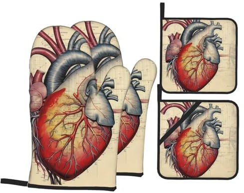 YYHHAOFA Human Anatomy - Set di 4 pezzi con motivo grafico a cuore, guanto da forno isolato e presine per una protezione anti-scottatura spessa e durevole