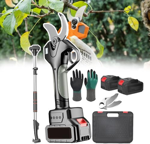 pedenencelia Tijeras Podar Eléctricas Inalámbricas,con Pértiga Telescópica 210 Cm, 2 Baterías 1500 Mah,2 Cuchillas,Un Par Guantes,Mango Goma, Pantalla LCD,Cortador Ramas,para Podadora Árboles