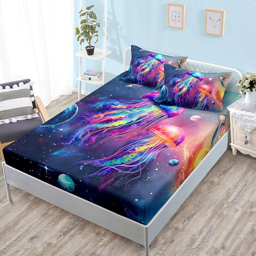 Spannbettlaken 160x200cm Purple Quallen Bettlaken 160 x 200 Mikrofaser Topper Spannbettlaken 160x200 Spannbetttuch 160x200 Atmungsaktiv Bed Linen Waschbar Bettbezug 160x200 30cm Tiefe