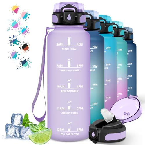Trinkflasche, Trinkflasche 1 5 liter, Trinkflasche Sport, Kann mit Dir Tragen, Flasche mit Strohhalm, Trinkflasche mit Zeitmarkierung, Auslaufsicher, Wasserflasche für Running, Camping, Wandern, Lila