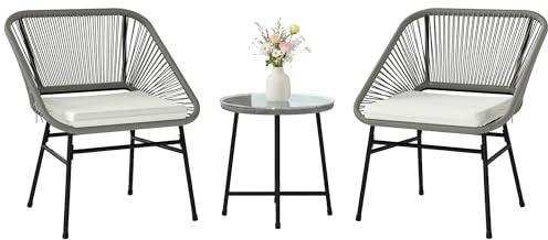Outsunny Polyrattan Gartenmöbel Set, Outdoor Balkonmöbel für 2 Personen, 3-teilig Bistroset mit 2 Stühle, Beistelltisch, Sitzkissen, wetterfest Sitzgruppe für Garten Balkon Dunkelgrau