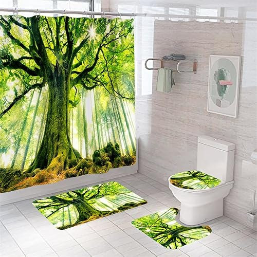 Badezimmerteppich Grüne Bäume Badteppich rutschfest Waschbar Badgarnitur 4 Teilig – Badematte Set Mit Wc-Vorleger Und Badematte,Teppich Badezimmer Für Sicherheit Und Komfort Im Bad 45X75Cm