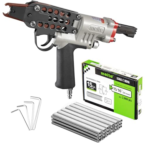 meite SC7E-I2 Pneumatic Hog Ring Gun with 2000PCS 15GA Hog Rings, 15 Gauge 3/4 Crown Extended Nose Hog Ring Pliers, 8.8 mm Closure, Upgrade Trigger Air C Ringer for Mattress Assembly