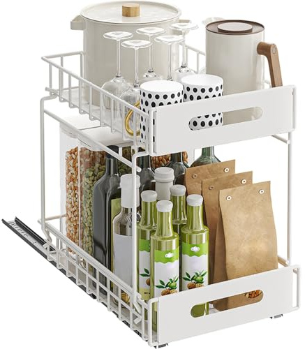 YunNasi Cajón Telescópico, Cajón Deslizante Para Alacena, Organizador de Armario, Cesta Deslizante para Cocina, sin taladrar ni clavar (Blanco, 2Nivel 41Dx25Wx33H CM)