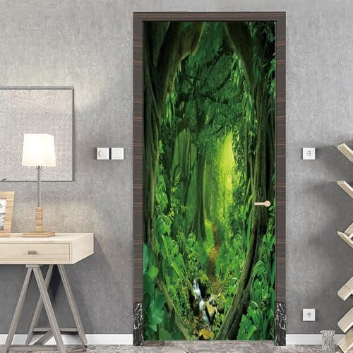 Türtapete Selbstklebend Türfolie Grüner Wald Türaufkleber Wandbild PVC Türtattoos Türposter Fototapete für Wohnzimmer Schlafzimmer Küche Toilette Türdeko 90x200 cm