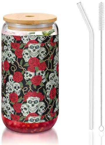 YBGHDAA Lot de 1 verre avec couvercle et paille Motif tête de mort et rose rouge 473 ml Idéal pour le whisky, la bière, le thé