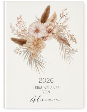 Personalisierter Terminplaner 2026 Din A5 | Hardcover Buchkalender mit Name | Florales Design, Wochen- & Jahresübersicht, Geschenkidee – Manufaktur Liebevoll (Terminplaner Alexa)