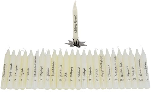 24 velas de calendario de Adviento, portavelas con 24 velas con frases diferentes, para calendario de Adviento numeradas con texto en una caja de regalo de cristal, 11 x 11 x 12 cm.