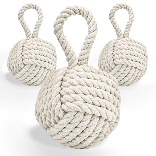 3 Pcs Rope Knot Door Stops Decorative Nautical Door Stopper Handmade with Handle, Beige Weighted Interior Square Doorstop Sailor Knot for Door and Window (14x14cm, 1.5kg)