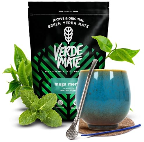 Verde Mate Green Mega Menta coffret yerba mate calebasse bombilla 500g | Coffret yerba mate Verde Mate 500g avec calebasse Isla en céramique, bombilla Gringo inox, sous-verre et nettoyeur