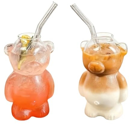 Tasse En Verre D’ours Mignon Avec De La Paille | 2 Pièces Tasse En Verre Ours En Peluche | Tasses En Forme Ours Clairs | Pour Thé Chaud Glacé Jus De Lait Eau Cocktail Bière Vin Maison Bar Bureau Fête