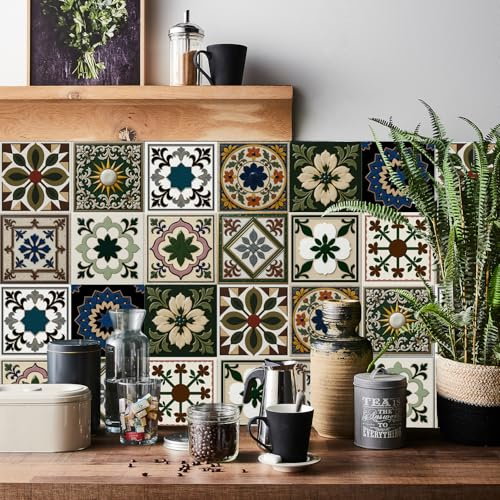 RwalkinZ Tile Stickers for Kitchen 24 pcs Stick on Tiles Kitchen Bathroom | Self Adhesive Peel and Stick Wall Waterproof Oil-Proof (15cm x 15cm, 6x6 inches) for Floor Stairs Furniture(BROWN GREEN 3)