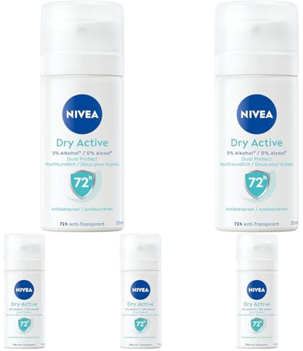 NIVEA Dry Active Deospray Reisegröße, Deo ohne Ethylalkohol für 72h Anti-Transpirant-Schutz, antibakterielles Deodorant mit Dual-Active-Formel und frischem Duft (35 ml) (Packung mit 5)