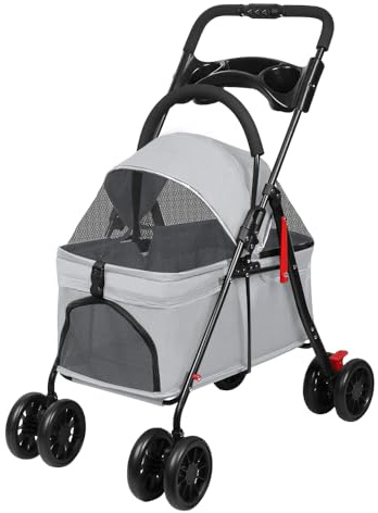 Passeggino per cane gatto 3 in 1 con cestino portaoggetti, 4 ruote, pieghevole per cani, leggero e pratico rimovibile, fino a 35 kg, (G) 97 x 49 x 69 cm, grigio