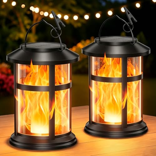 GEARLITE Solar Lanterns Outdoor, 2 Pack Flickering Flame Solar Lights Outdoor Garden, IP65 Waterproof Hanging Garden Lanterns Decor for Table Patio Cemetery, Auto On/Off Solar Powered Garden Lights
