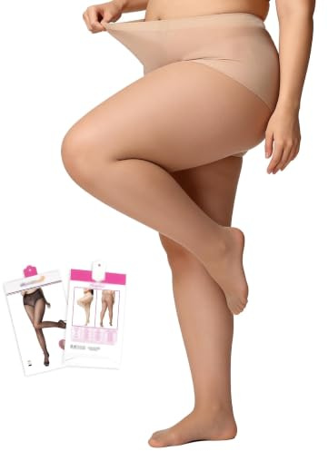 sunshinelady Plus Size Tight 15 Denier Sheer Tights for Women High Waisted Control Top Silk Stockings Soft Support Pantyhose Seamless Ladies Tights Natural Look 3XL-5XL
