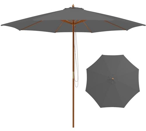 RELAX4LIFE Parasol Droit 3M en Bois, Parasol de Jardin Extérieur, 8 Baleines en Bambou, Levage à Poulie, Polyester Hydrofuge, Protection Solaire, Facile à Monter pour Balcon Terrasse (Gris)