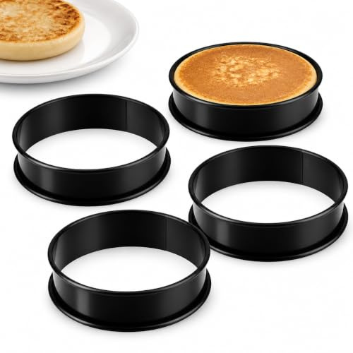 Oiieco 4 Pcs Crumpet Rings 9.5cm Stainless Steel Egg Rings for Frying, Non Stick Pancake Rings, Double Rolled Cooking Rings, English Muffin Rings, Egg Mould for Crumpets, Pancakes and Breakfast
