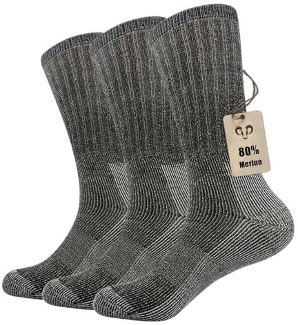 Vihir 3 Pack Men's Thermal 80% Merino Wool Hiking Calf Tube Socks Crew Sock for Skiing, Trekking, Hiking（BLACK,7.5-10.5
