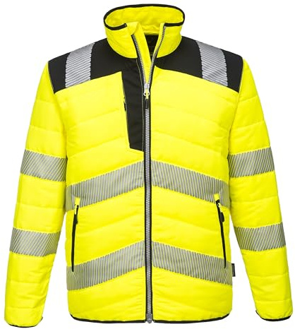 Portwest PW371 PW3 Men's Hi-Vis Insulated Baffle Puffer Jacket - Water Resistant Lightweight Reflective High Viz Outdoor Waistcoat Safety Security Workwear, Yellow/Black, L