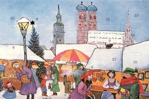 Adventskalenderkarten 2 Stück München Nostalgie Weihnachten Grußkarten Goldprägung Kunstkarte Weihnachtsgruß Weihnachtsmarkt