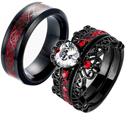 Ringcrown Couple Rings Black Plated Heart Red Cz Womens Wedding Ring Sets Crown Ring Titanium Man Wedding Bands（Please Buy 2 Rings for 1 Pair）
