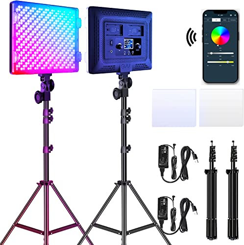 GVM RGB Videolicht Panel mit Lichtstativ Set, 2er Pack 50W LED Fotolicht mit APP Steuerung, 3200K-5600K Studiolicht Fotografie Licht mit 18 Lichteffekt für YouTube Studio Foto Streaming 8000Lux/0,5m