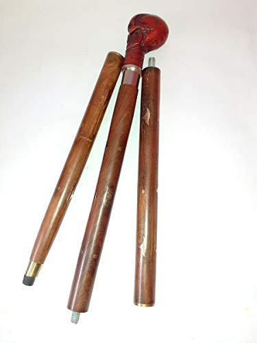 Gehstock, handgefertigt, mit antikem Kunststoff und Holz-Totenkopf-Griff, Rot und Braun