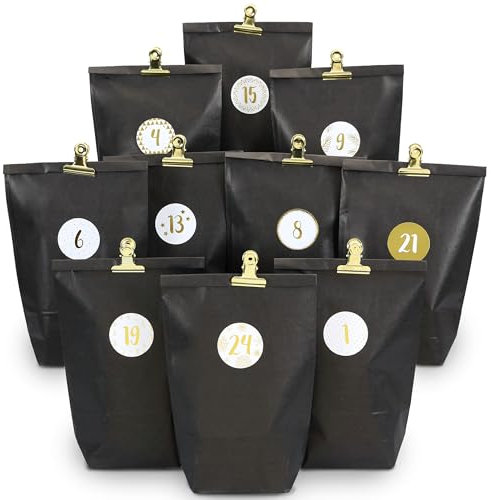 Papierdrachen 2025 Extravaganter Adventskalender zum Befüllen - mit 24 schwarzen Geschenktüten und 24 Zahlenaufklebern und Klammern - zum Basteln und Verschenken - Weihnachten & Advent