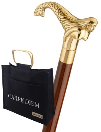 Reisetock mit Jutetasche, Mermaid Winkelgriff Messing, Stock Hartholz braun, Wanderstock, teilbar, Geheimfach, Damen, Herren