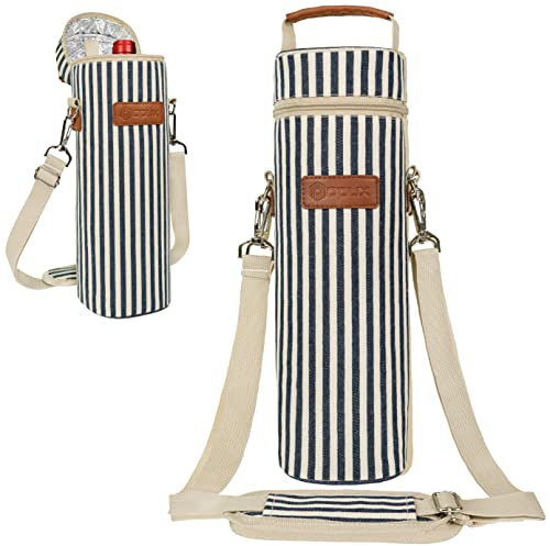 opux Single Bottle Wine Bag Carrier Insulated Cooler Tote, Navy Stripe | 1 Bottle Fit, Thermal Insulated Padded Cooler, Wine Lover Gift Women Men Christmas, Protective Case, Shoulder Strap