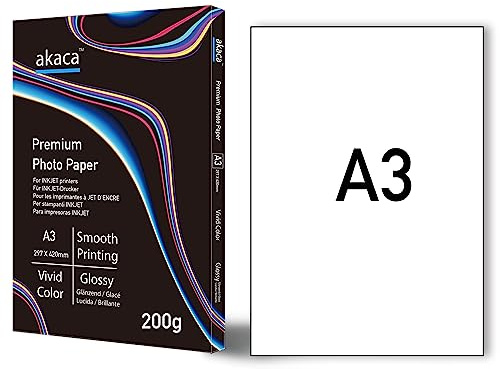 akaca Fotopapier Glänzend A3 (420 x 297 mm), 60 Blatt, 200 g/m², Premium Glossy Photo Paper, Photopapier für alle Tintenstrahldrucker