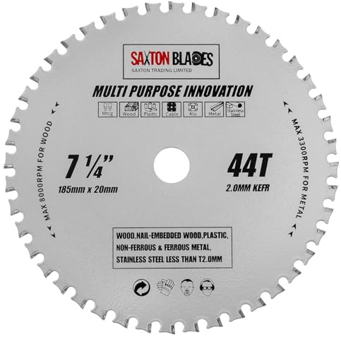 TCT18544TMPT20B Saxton TCT Multi Purpose Innovation Kreissägeblatt 185 mm x 44 T x 20 mm Bohrung (16 mm Ring), Holz und Metall passen zu Evolution Bosch, Dewalt