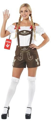 Fun Shack Lederhosen Dam, Brun Bayersk Dräkt med Vit Rufflad Skjorta, Oktoberfest Karneval Maskerad Temafest