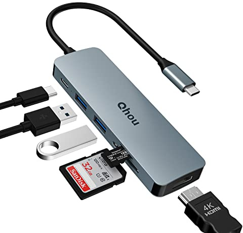 USB C HUB, USB C Adapter, Qhou 6 in 1 USB C to HDMI Multiport Adapter with 4K HDMI Output, 2 USB 3.0, 100W PD, SD/TF Card Playback Compatible with MacBook Pro/Air/Surface/Other Type C Devices