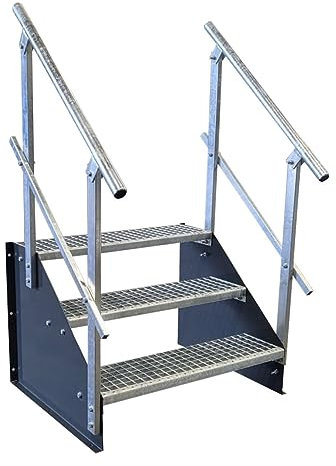 SRM Design 3 Stufen Standtreppe Stahltreppe Wangentreppe Gitterrosttreppe Außentreppe Industrietreppe freistehend Breite 80cm Höhe 63cm anthrazit beidseitiges Geländer