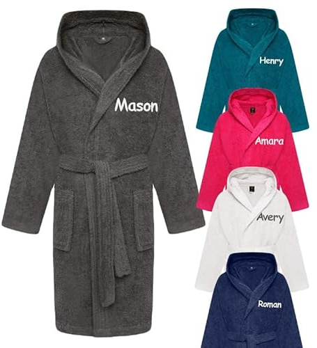 Gembroidery Personalised Boys & Girls Hooded Bathrobe 100% Cotton Childrens Towelling Bath Robe Kids Dresing Gown 2-14 Years (Grey 12-14 Years)