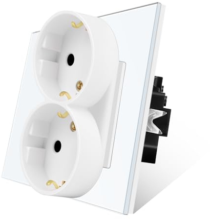 CNBINGO Enchufe doble Schuko con terminal de enchufe, marco de vidrio de 86 mm con enchufe de pared doble - Blanco