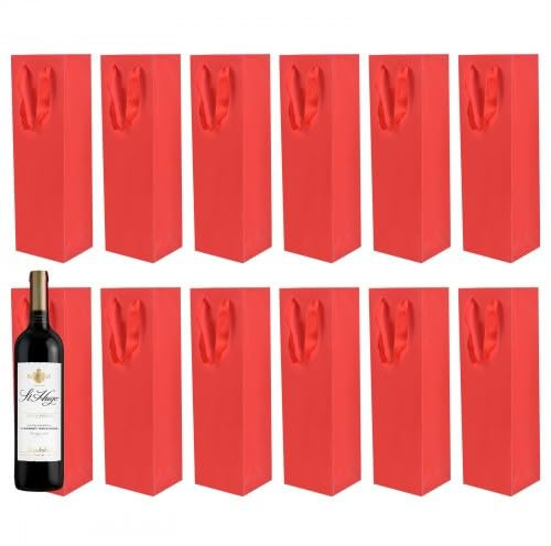 NATUCE Wein Geschenktüte mit Griff, 12 Stück Einzelne Flasche Weinflaschenbeutel, Tragbare Flaschentüten, für Wein, Prosecco, Sekt, Champagner, Hochzeit, Jubiläum, Geburtstag (Rot)