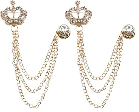 EMSea 2er-Pack Krone Brosche Hängende Kette Brosche Anstecknadel für Männer, Geschenke, Punk-Buck-Krawatte Anstecknadel, Hängende Kette Strass-Kragenkettennadel, Gold