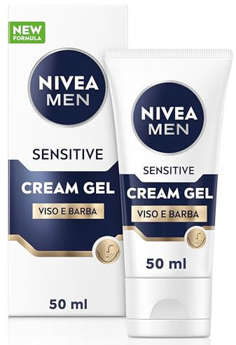 NIVEA MEN Sensitive Viso e Barba Cream Gel 50 ml, Crema viso uomo per un sollievo immediato dalle irritazioni e 24h d'idratazione, Crema viso idratante e crema da barba 2 in 1 per pelli sensibili