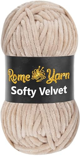 Rome Yarn Softy Velvet Yarn 100g/3.52oz - 120m/131yards | Super Chunky Bulky Chenille Soft Yarn for Knitting and Crochet Baby Blanket Amigurumi Plush Thick (1 Pack, 943 Light Beige)