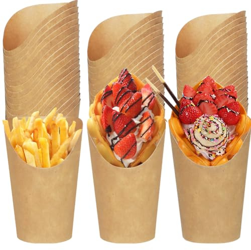 50Pz Tazze per Patatine Fritte, 12oz Kraft Porta Bicchieri per Gelato, Contenitori per Patatine Fritte, Porta Patatine per Feste Bambini, per Snack in Carta, per Torta, Sfoglia, Gelato, Cialda