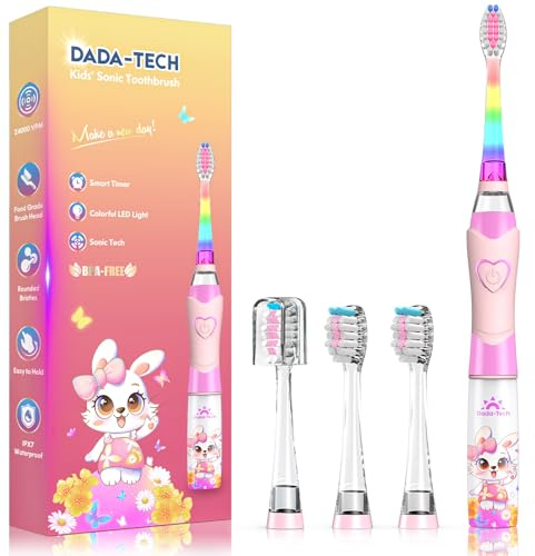 Elektrische Zahnbürste Kinder ab 3-6-8-12 Jahre mit buntem Regenbogen-LED-Licht Integrierter Timer 90% abgerundeten Borsten Schallzahnbürste für Kleinkind (Kind Rosa Kaninchen)