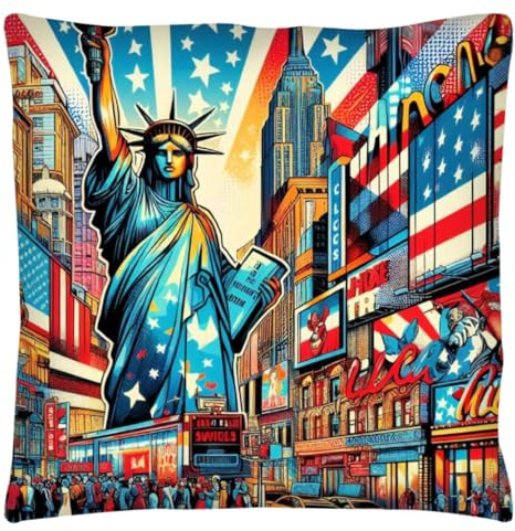 The Beach Stop Pop Art USA Flag New York Themed Accent Cushion Cover | Statue of Liberty pop Art Home Decor Inspo | Colourful Gift Idea for Men Women and Kids | 45x45cm 18x18” | Abstract New York
