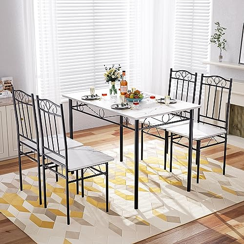 FURNITABLE Juego de mesa de comedor con 4 sillas de madera, juego de 5 piezas, metal, 109 x 69 cm, industrial, comedor, cocina, muebles, conjunto de asientos, mármol blanco