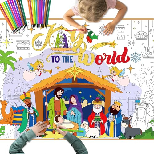 DPKOW Krippe Weihnachten Ausmalen Tischdecke für Kinder mit Stiften, Riese Papier Krippe Bemalbare Tischdecke für Kinder Weihnachtskrippe Basteln Geschenk, Ausmalen Poster, Jesus Engel Heilige