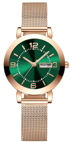 RORIOS Reloj de Pulsera Minimalista Mujer Reloj Damas Analógico Cuarzo Reloj Señora Negocios Reloj Calendario Luminoso con Correa de Malla Verde A